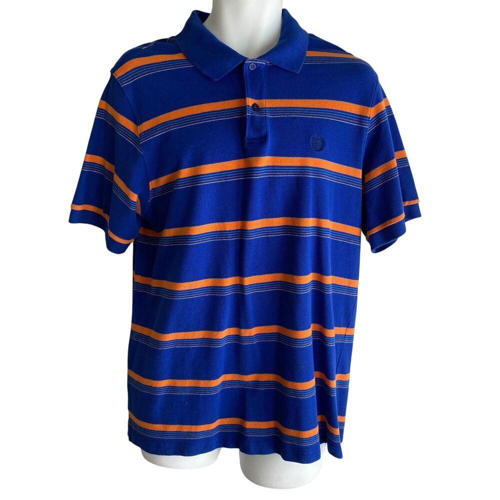 Chaps Polo Shirt Mens Large Blue Orange Stripe 100% Cotton Short Sleeve Logo